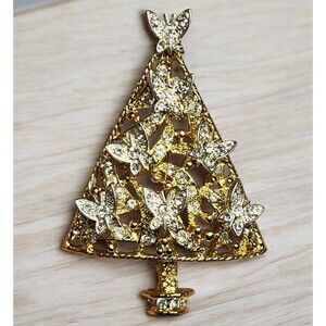 Vtg Graziano Rhinestone Butterflies Gold Tone Christmas‎ Tree Brooch Pin Signed